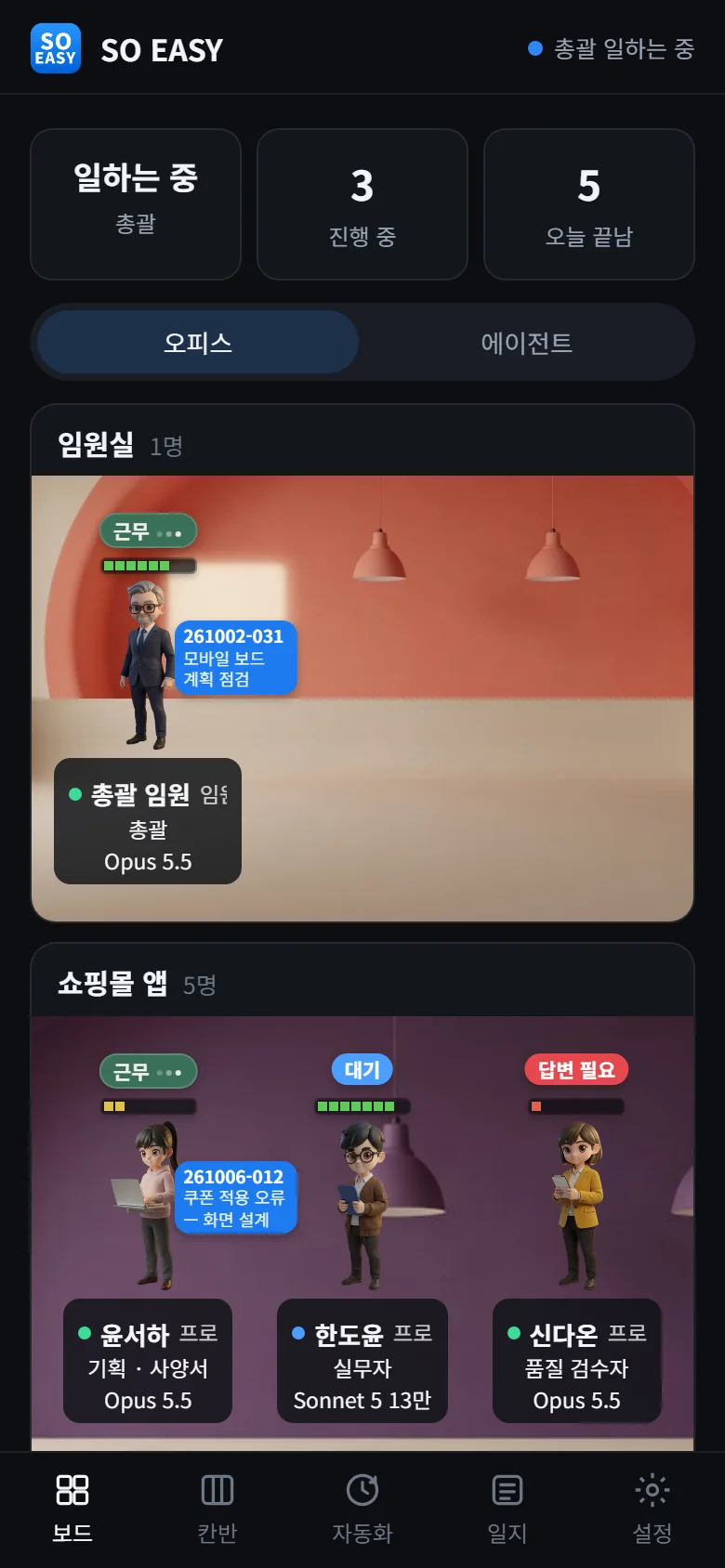 휴대폰 현황 화면: 총괄 상태와 프로젝트별 직원